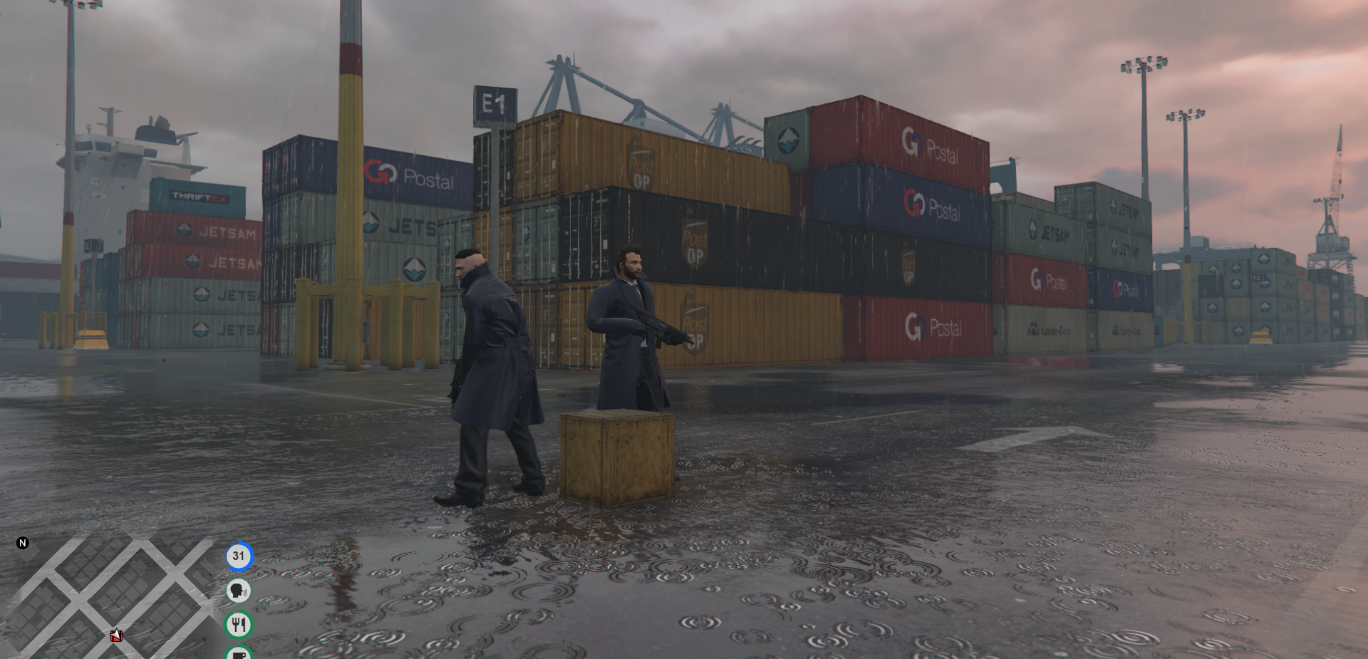 In-game screenshot from Laisvės Miesto Kronikos: two characters at a rainy container terminal